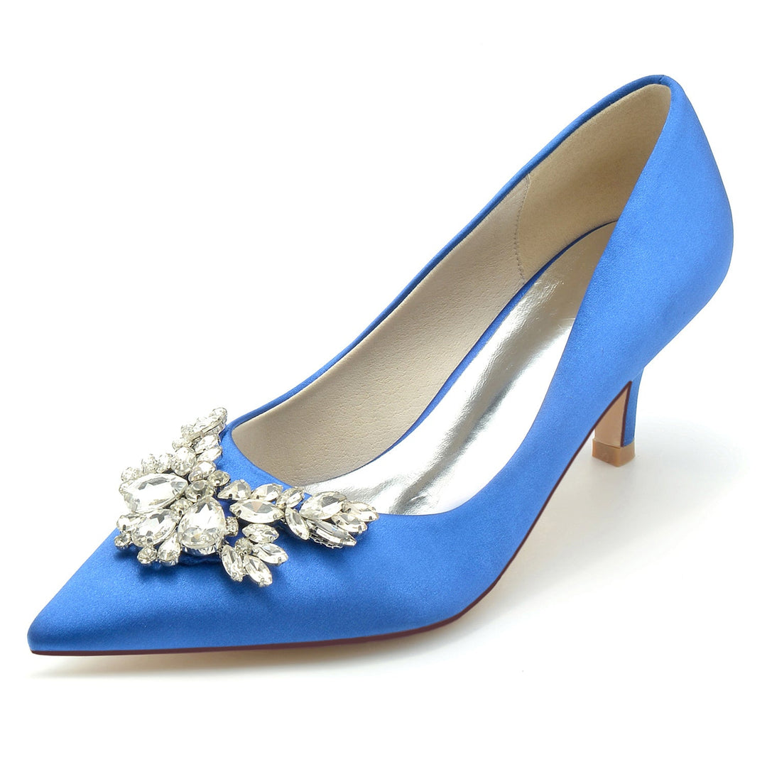 Chaussures de Mariage pour Femmes en Satin de Soie Strass Bout Pointu Mi-Haut Chaussures de Mariée Minimalistes