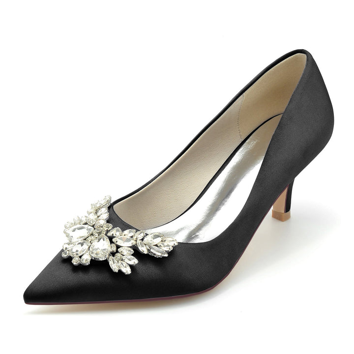 Chaussures de Mariage pour Femmes en Satin de Soie Strass Bout Pointu Mi-Haut Chaussures de Mariée Minimalistes