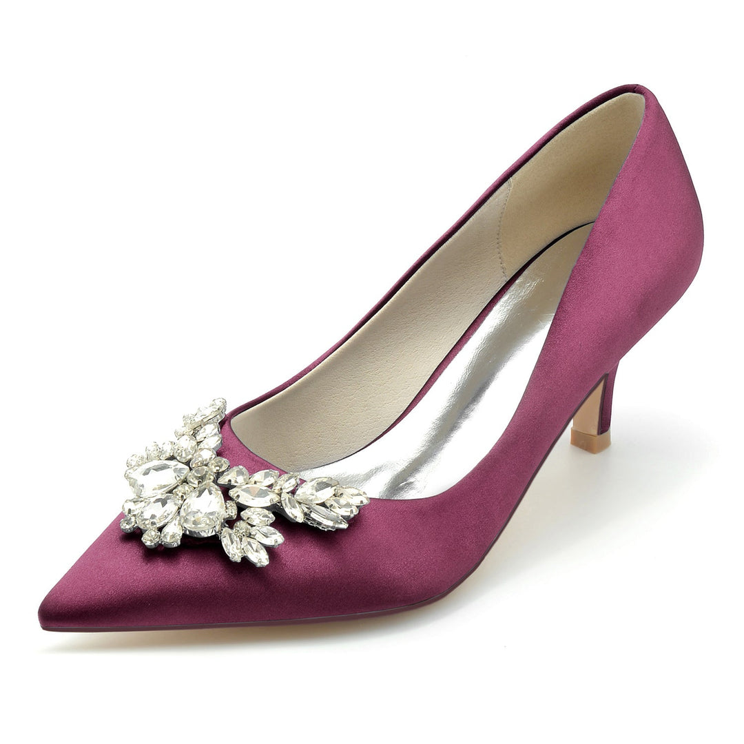 Chaussures de Mariage pour Femmes en Satin de Soie Strass Bout Pointu Mi-Haut Chaussures de Mariée Minimalistes