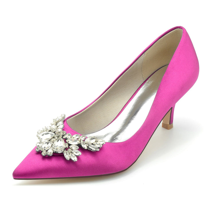Chaussures de Mariage pour Femmes en Satin de Soie Strass Bout Pointu Mi-Haut Chaussures de Mariée Minimalistes