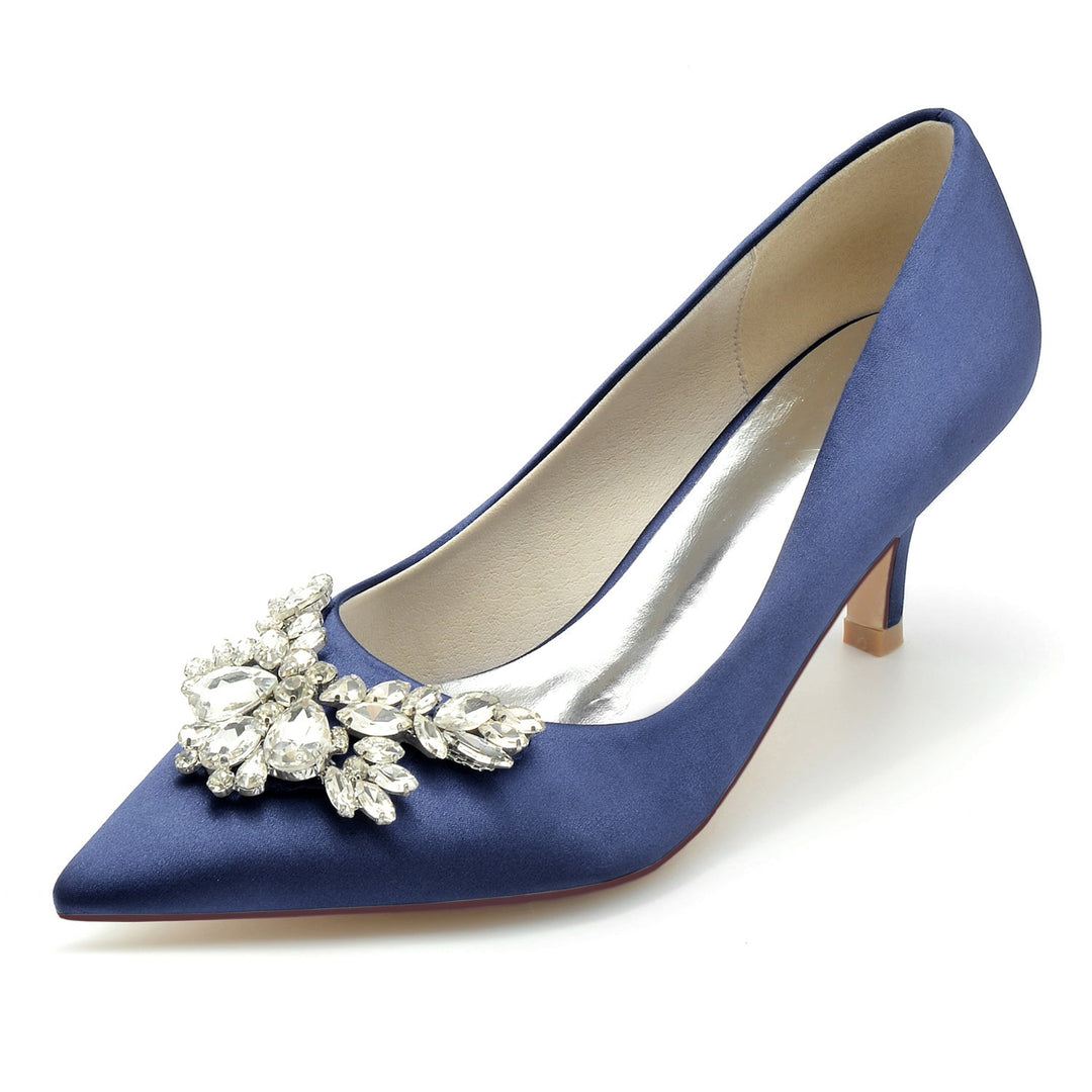 Chaussures de Mariage pour Femmes en Satin de Soie Strass Bout Pointu Mi-Haut Chaussures de Mariée Minimalistes