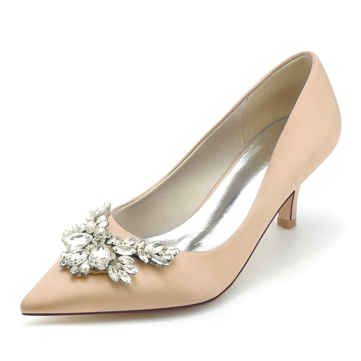 Chaussures de Mariage pour Femmes en Satin de Soie Strass Bout Pointu Mi-Haut Chaussures de Mariée Minimalistes