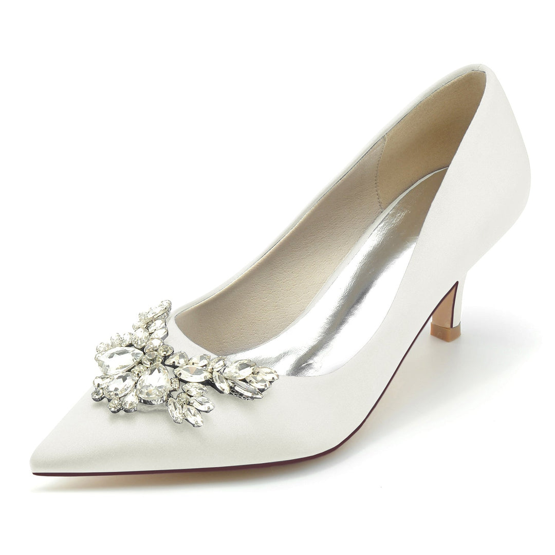 Chaussures de Mariage pour Femmes en Satin de Soie Strass Bout Pointu Mi-Haut Chaussures de Mariée Minimalistes