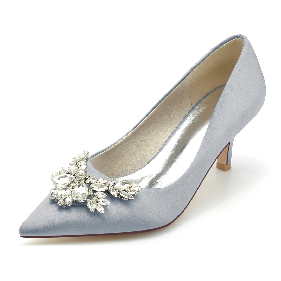 Chaussures de Mariage pour Femmes en Satin de Soie Strass Bout Pointu Mi-Haut Chaussures de Mariée Minimalistes