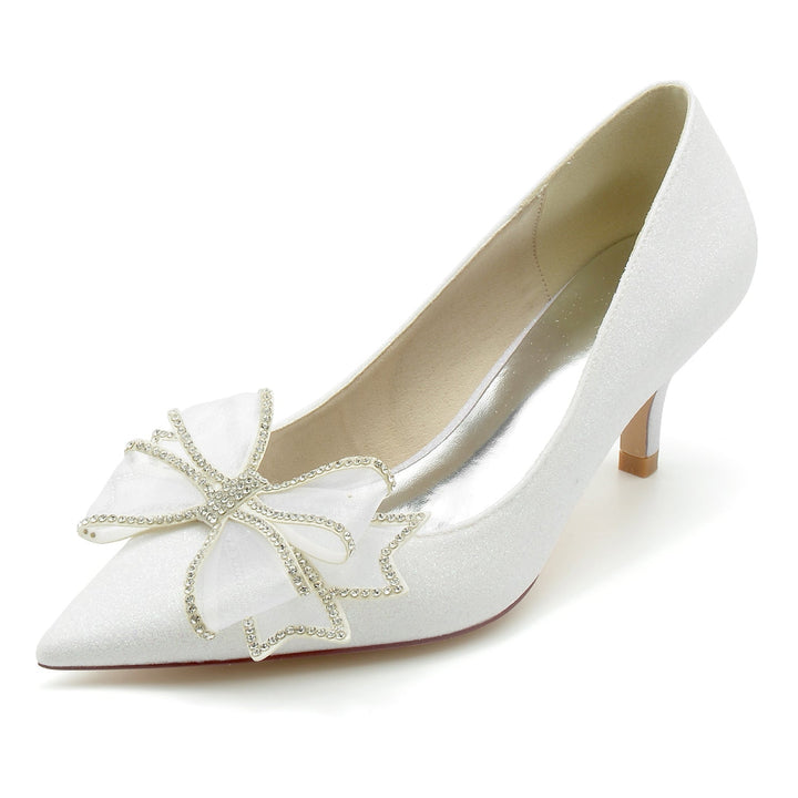 Chaussures de Mariage pour Femmes, Chaussures de Mariée à Bout Pointu et Talon Moyen avec Nœud à Paillettes