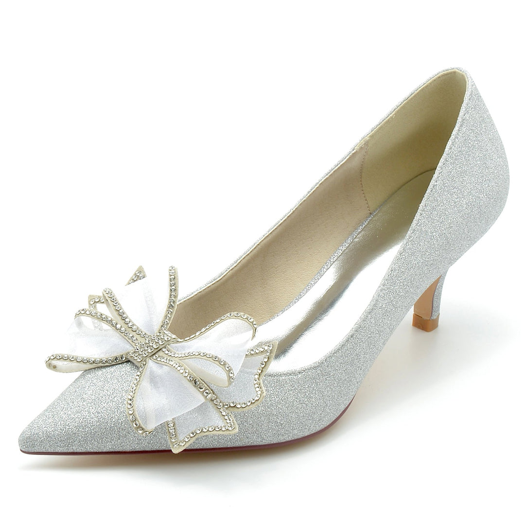 Chaussures de Mariage pour Femmes, Chaussures de Mariée à Bout Pointu et Talon Moyen avec Nœud à Paillettes