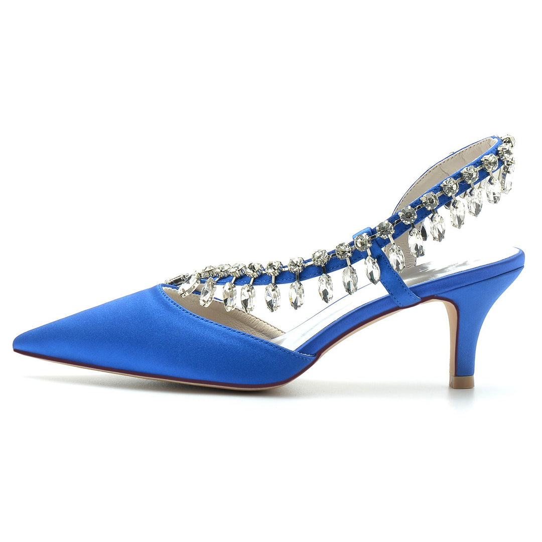 Chaussures de Mariage pour Femmes en Satin de Soie Imitation Cristal à Bout Pointu Mi-Haut, Chaussures de Mariée à Enfiler