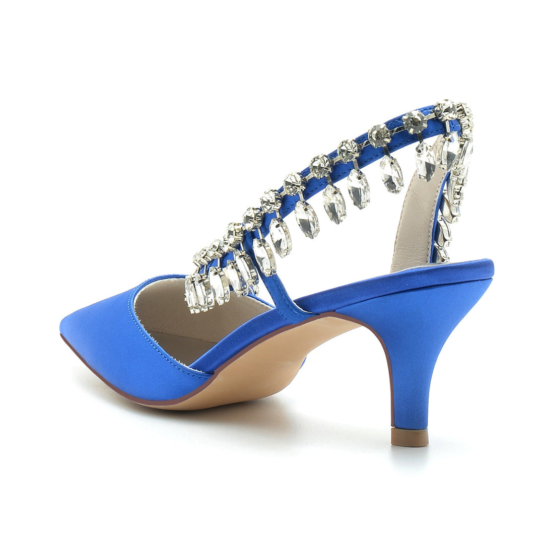 Chaussures de Mariage pour Femmes en Satin de Soie Imitation Cristal à Bout Pointu Mi-Haut, Chaussures de Mariée à Enfiler