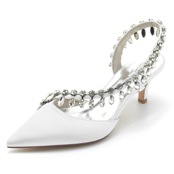 Chaussures de Mariage pour Femmes en Satin de Soie Imitation Cristal à Bout Pointu Mi-Haut, Chaussures de Mariée à Enfiler