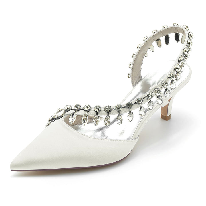Chaussures de Mariage pour Femmes en Satin de Soie Imitation Cristal à Bout Pointu Mi-Haut, Chaussures de Mariée à Enfiler