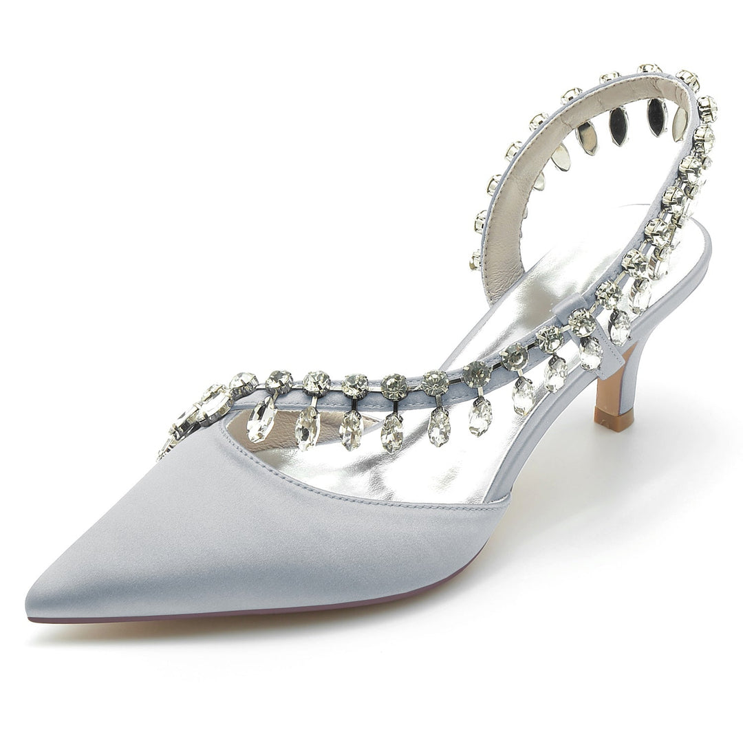 Chaussures de Mariage pour Femmes en Satin de Soie Imitation Cristal à Bout Pointu Mi-Haut, Chaussures de Mariée à Enfiler