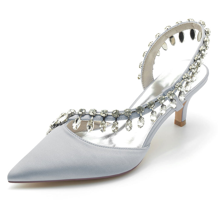 Chaussures de Mariage pour Femmes en Satin de Soie Imitation Cristal à Bout Pointu Mi-Haut, Chaussures de Mariée à Enfiler