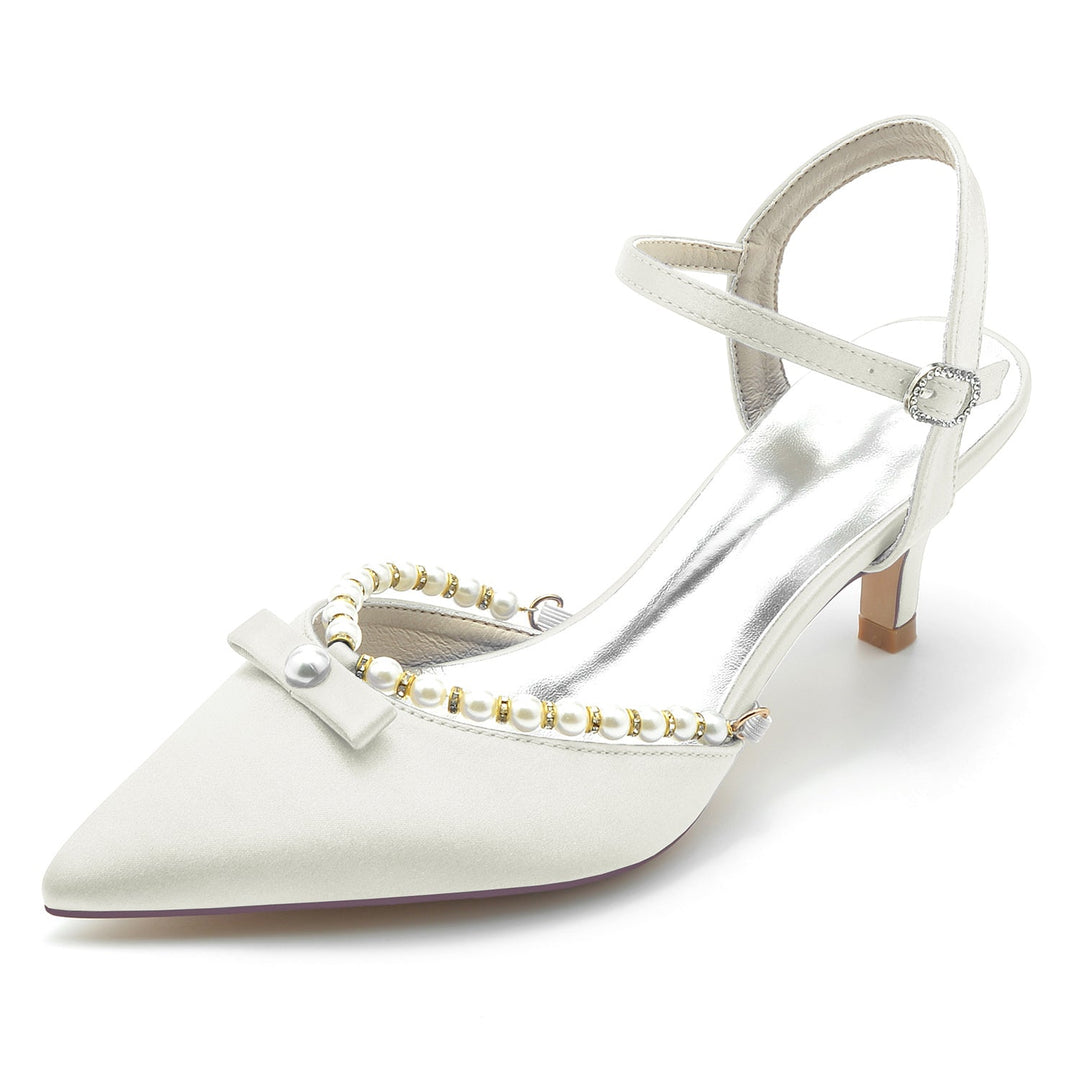 Chaussures de Mariage pour Femmes en Perles Blanches, Chaussures de Mariée à Bout Pointu et à Boucle Moyenne