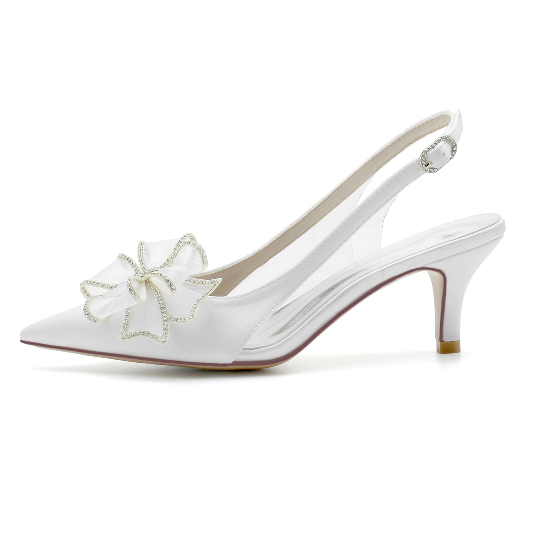 Chaussures de Mariage pour Femmes en Satin de Soie avec Nœud et Talon Moyen et Bout Pointu avec Boucle
