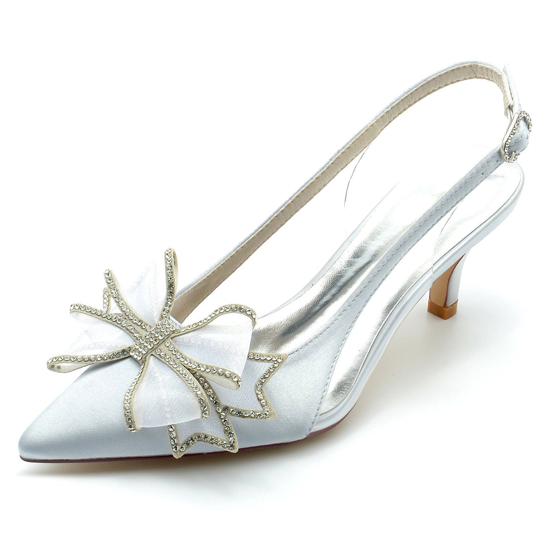 Chaussures de Mariage pour Femmes en Satin de Soie avec Nœud et Talon Moyen et Bout Pointu avec Boucle