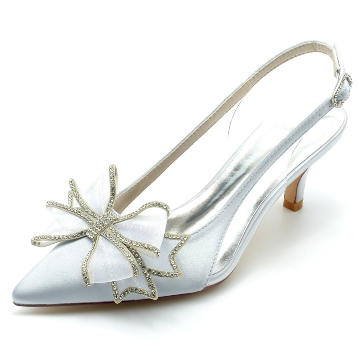 Chaussures de Mariage pour Femmes en Satin de Soie avec Nœud et Talon Moyen et Bout Pointu avec Boucle