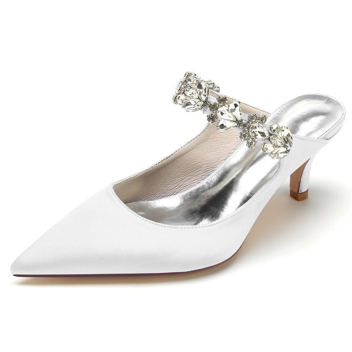 Chaussures de Mariage pour Femmes, Chaussures de Mariée Confortables à Talon Moyen et Bout Pointu avec Strass Blancs