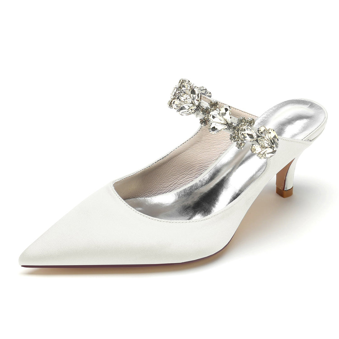 Chaussures de Mariage pour Femmes, Chaussures de Mariée Confortables à Talon Moyen et Bout Pointu avec Strass Blancs
