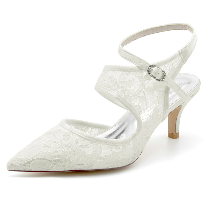 Chaussures de Mariage pour Femmes en Dentelle et Maille, Chaussures de Mariée à Bout Pointu et Boucle
