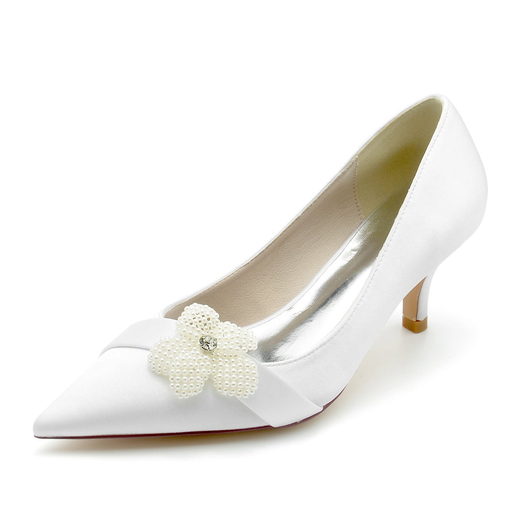 Chaussures de Mariage pour Femmes, Chaussures de Mariée à Bout Pointu et Talon Moyen avec Perles Blanches et Fleurs