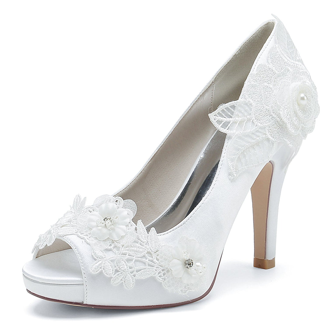 Chaussures de Mariage pour Femmes en Satin de Soie avec Appliques Florales et Talons Hauts à Bout Ouvert