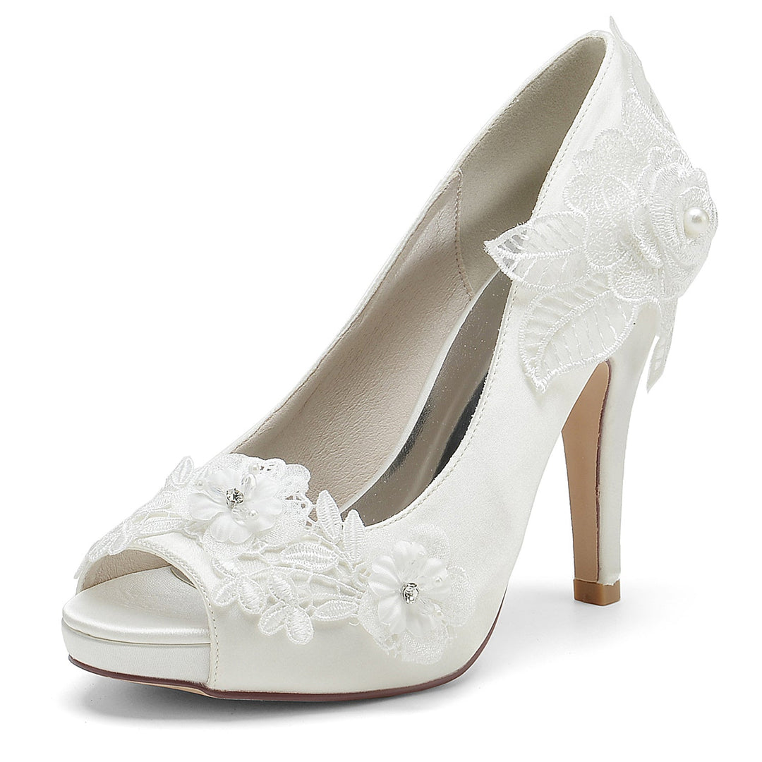 Chaussures de Mariage pour Femmes en Satin de Soie avec Appliques Florales et Talons Hauts à Bout Ouvert