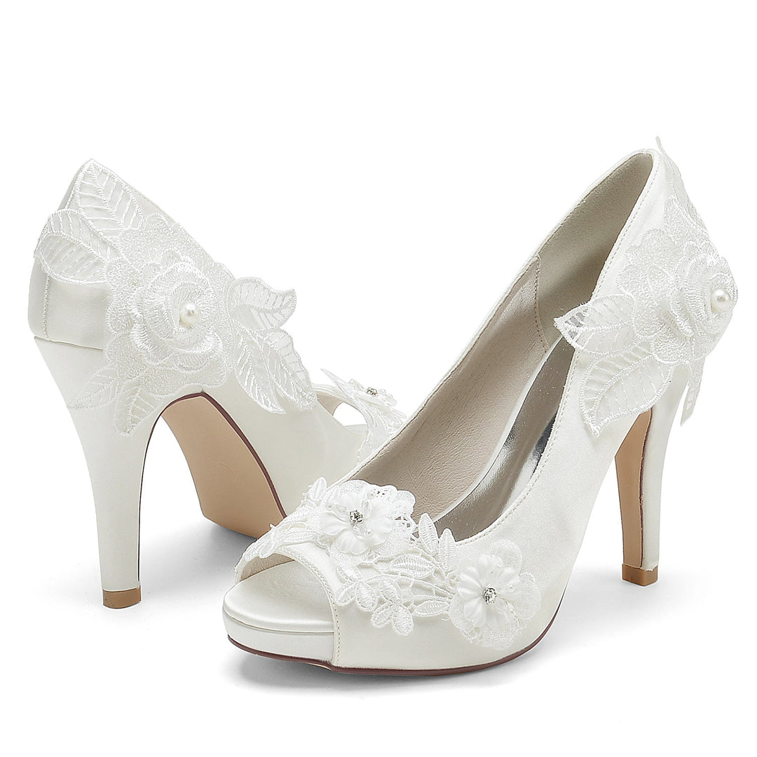 Chaussures de Mariage pour Femmes en Satin de Soie avec Appliques Florales et Talons Hauts à Bout Ouvert