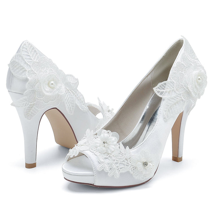Chaussures de Mariage pour Femmes en Satin de Soie avec Appliques Florales et Talons Hauts à Bout Ouvert