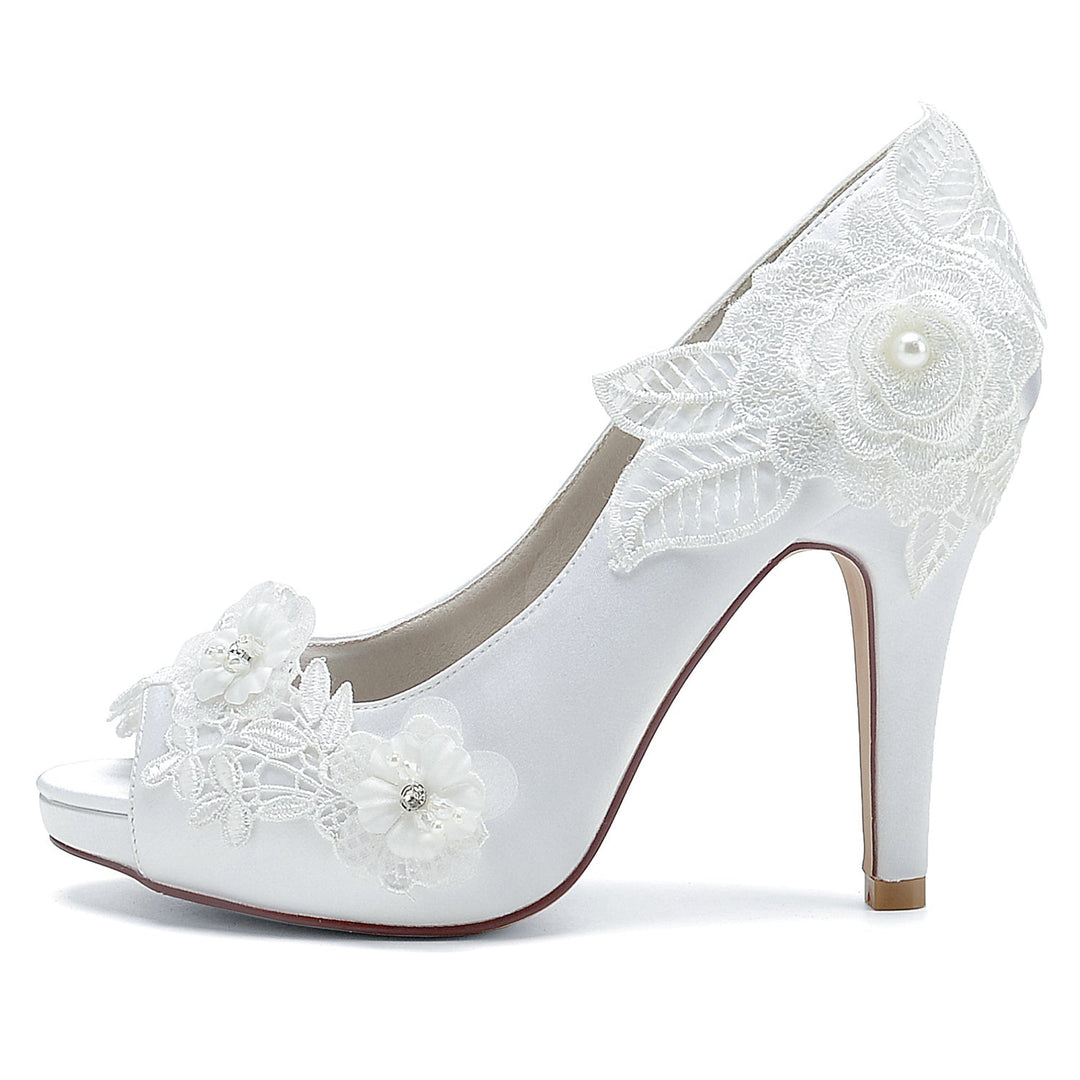 Chaussures de Mariage pour Femmes en Satin de Soie avec Appliques Florales et Talons Hauts à Bout Ouvert