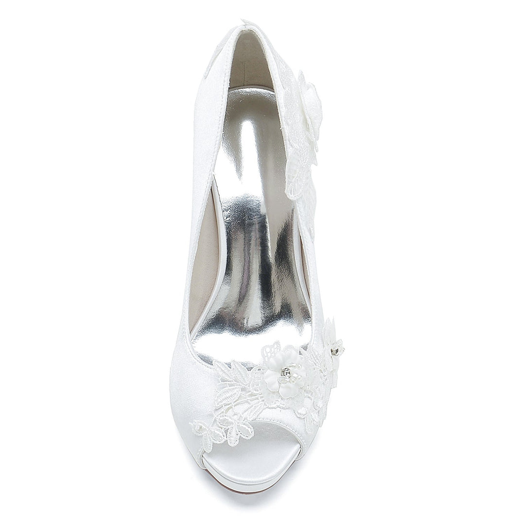 Chaussures de Mariage pour Femmes en Satin de Soie avec Appliques Florales et Talons Hauts à Bout Ouvert