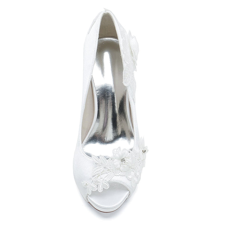 Chaussures de Mariage pour Femmes en Satin de Soie avec Appliques Florales et Talons Hauts à Bout Ouvert