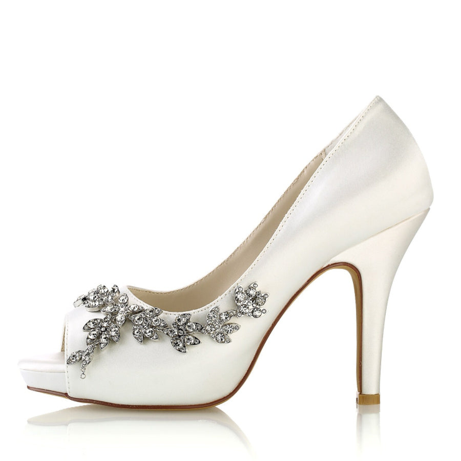 Chaussures de Mariage pour Femmes, Chaussures de Mariée Minimalistes à Talons Hauts et Bout Ouvert avec Strass