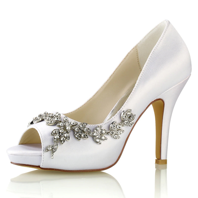 Chaussures de Mariage pour Femmes, Chaussures de Mariée Minimalistes à Talons Hauts et Bout Ouvert avec Strass