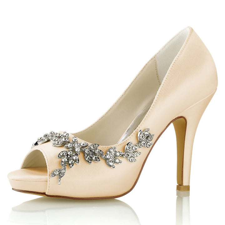 Chaussures de Mariage pour Femmes, Chaussures de Mariée Minimalistes à Talons Hauts et Bout Ouvert avec Strass