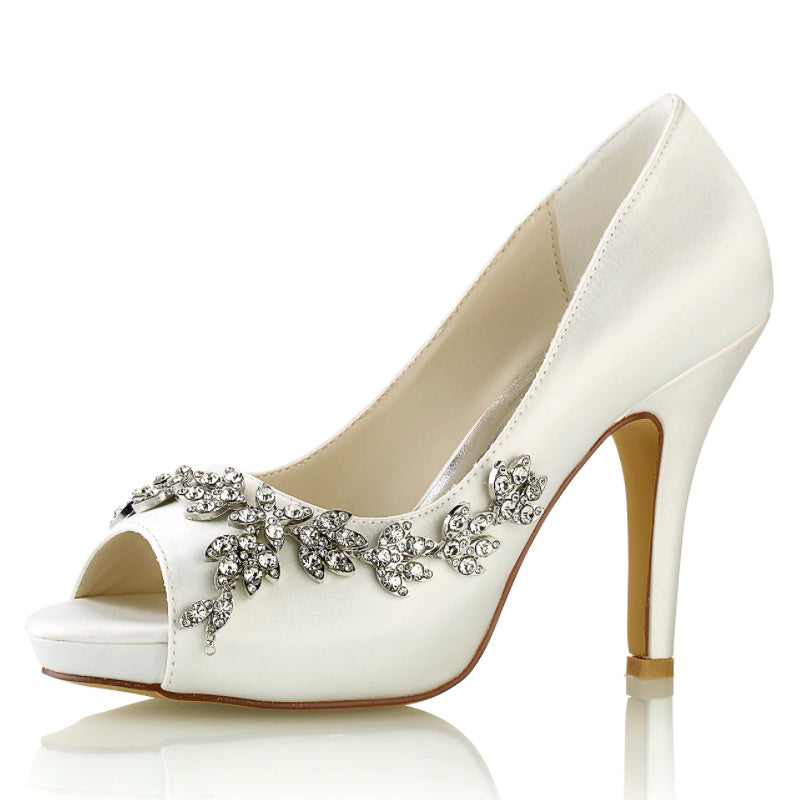 Chaussures de Mariage pour Femmes, Chaussures de Mariée Minimalistes à Talons Hauts et Bout Ouvert avec Strass