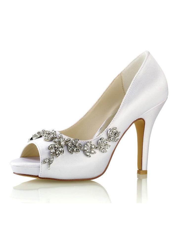 Chaussures de Mariage pour Femmes, Chaussures de Mariée à Talons Hauts et Bout Ouvert avec Strass