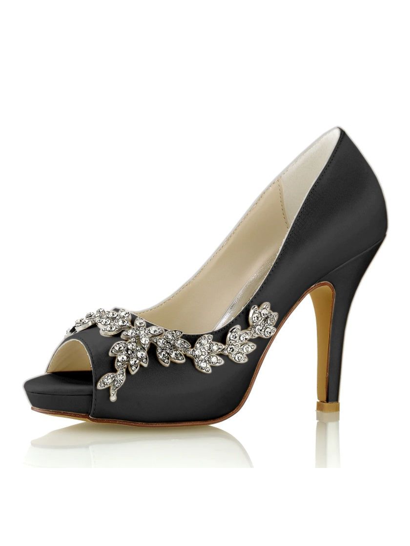 Chaussures de Mariage pour Femmes, Chaussures de Mariée à Talons Hauts et Bout Ouvert avec Strass