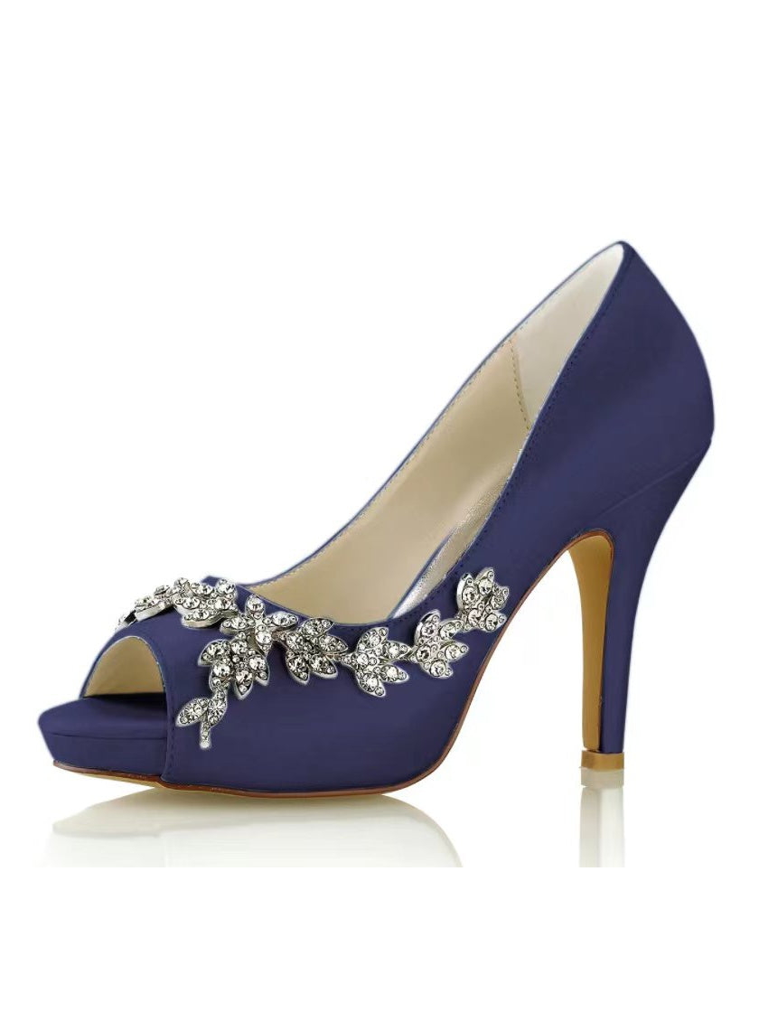 Chaussures de Mariage pour Femmes, Chaussures de Mariée à Talons Hauts et Bout Ouvert avec Strass
