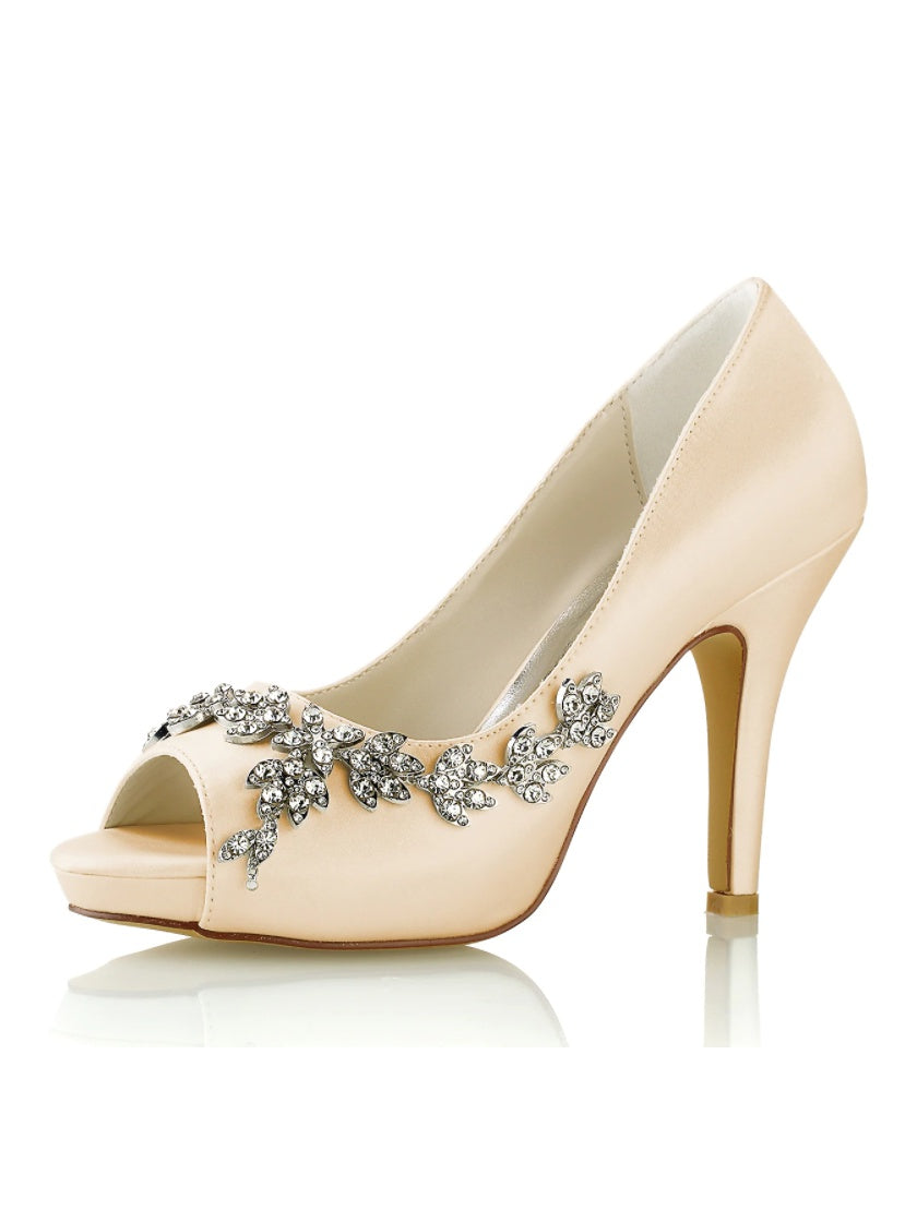 Chaussures de Mariage pour Femmes, Chaussures de Mariée à Talons Hauts et Bout Ouvert avec Strass