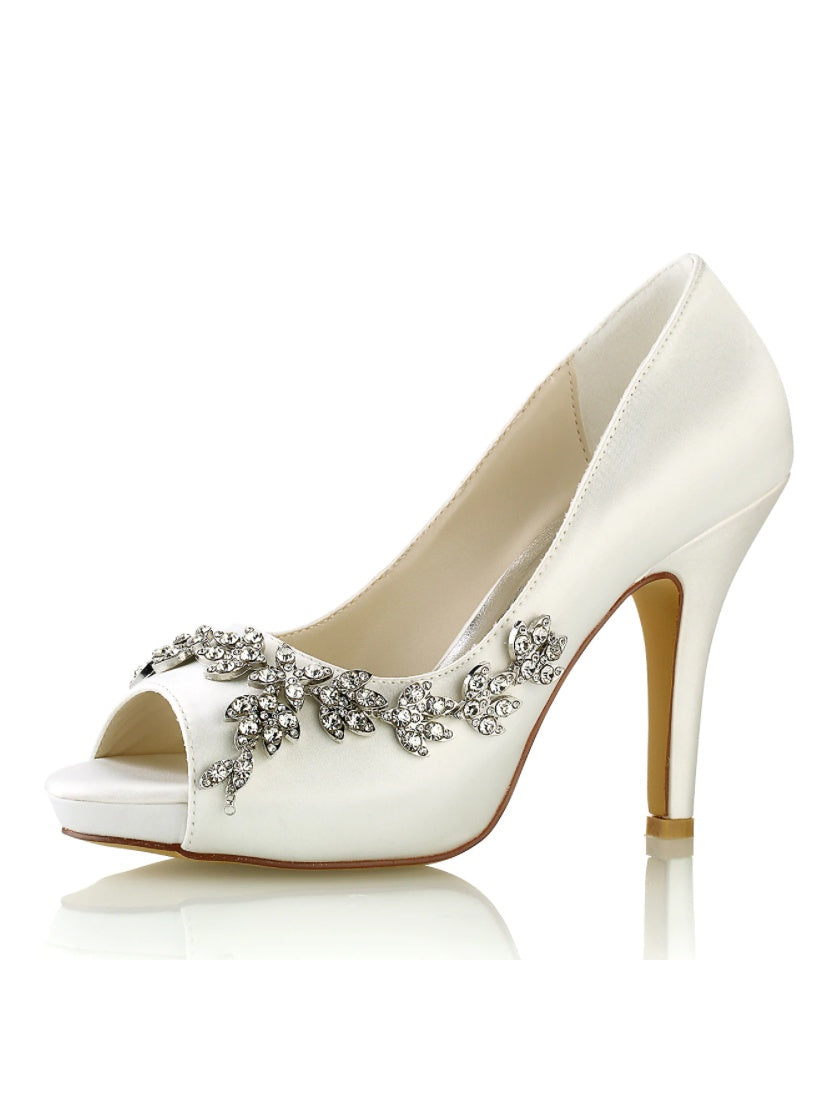 Chaussures de Mariage pour Femmes, Chaussures de Mariée à Talons Hauts et Bout Ouvert avec Strass