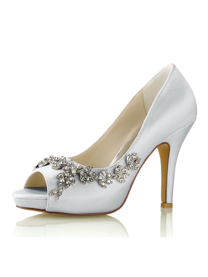 Chaussures de Mariage pour Femmes, Chaussures de Mariée à Talons Hauts et Bout Ouvert avec Strass