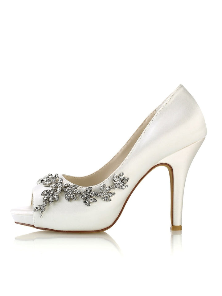 Chaussures de Mariage pour Femmes, Chaussures de Mariée à Talons Hauts et Bout Ouvert avec Strass