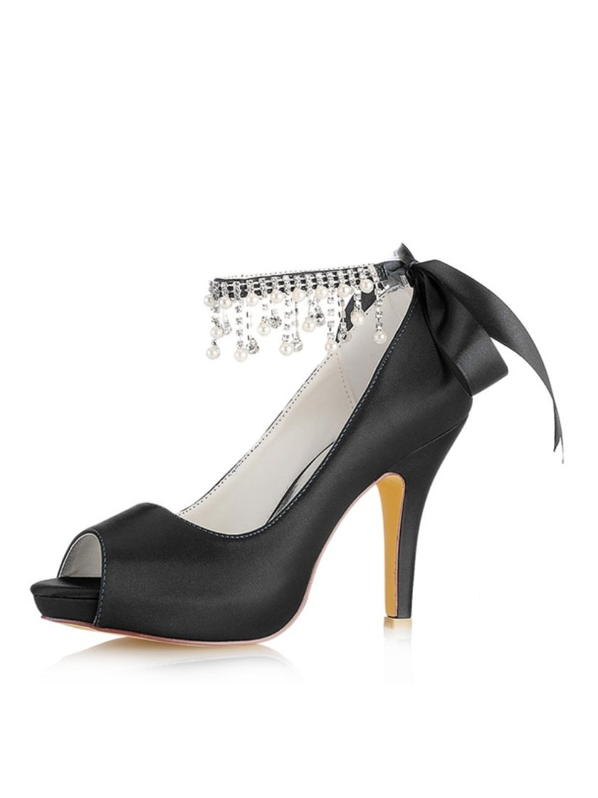 Chaussures de Mariage pour Femmes, Chaussures de Mariée à Talons Hauts et Bout Ouvert avec Strass