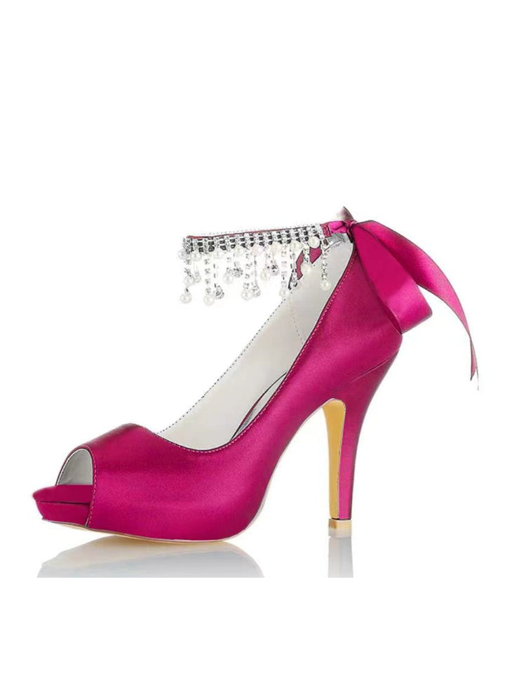 Chaussures de Mariage pour Femmes, Chaussures de Mariée à Talons Hauts et Bout Ouvert avec Strass