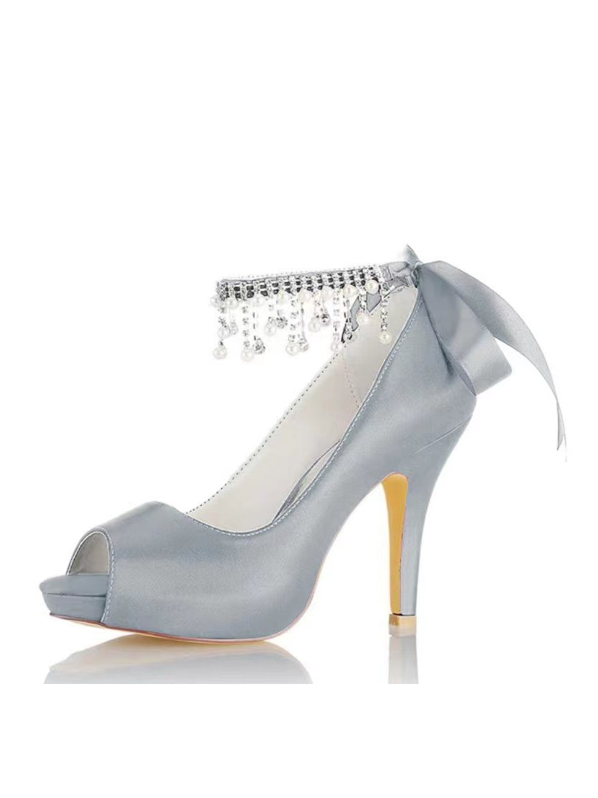 Chaussures de Mariage pour Femmes, Chaussures de Mariée à Talons Hauts et Bout Ouvert avec Strass