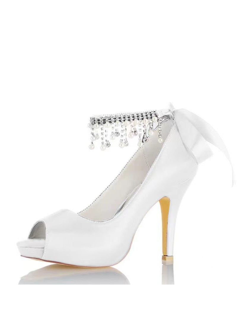 Chaussures de Mariage pour Femmes, Chaussures de Mariée à Talons Hauts et Bout Ouvert avec Strass