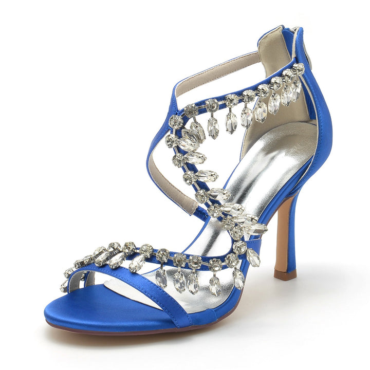 Chaussures de Mariage pour Femmes, Chaussures de Mariée à Talons Hauts et Bout Ouvert avec Strass Croisés