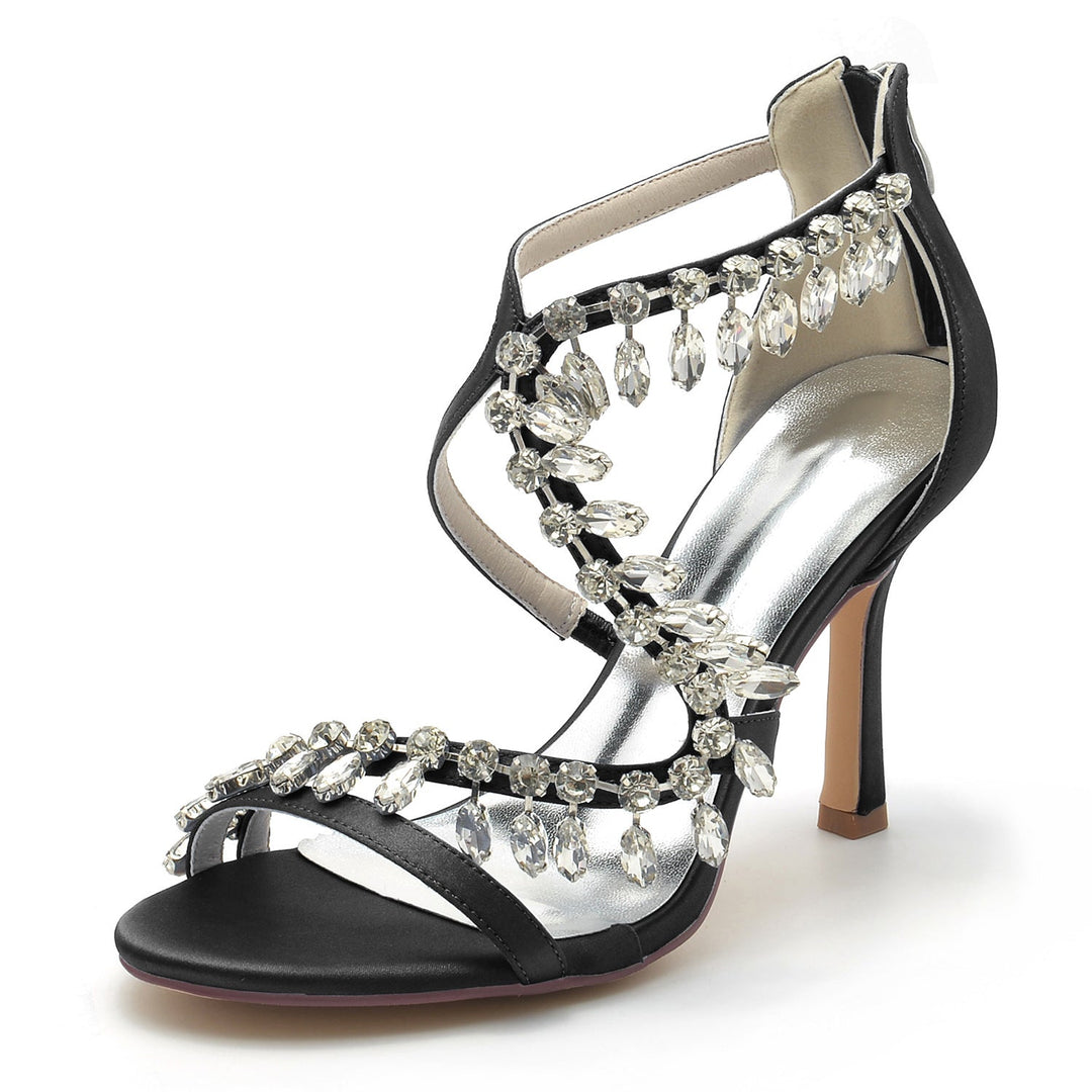 Chaussures de Mariage pour Femmes, Chaussures de Mariée à Talons Hauts et Bout Ouvert avec Strass Croisés