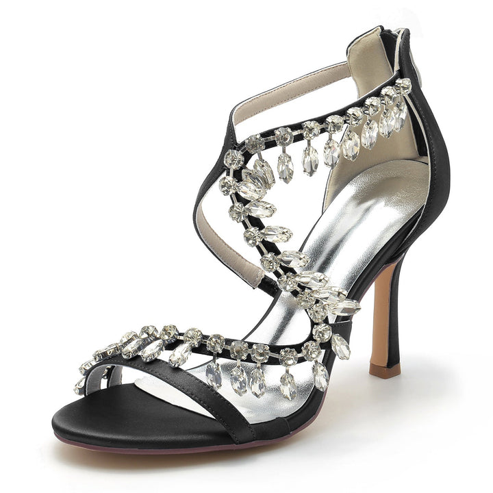 Chaussures de Mariage pour Femmes, Chaussures de Mariée à Talons Hauts et Bout Ouvert avec Strass Croisés