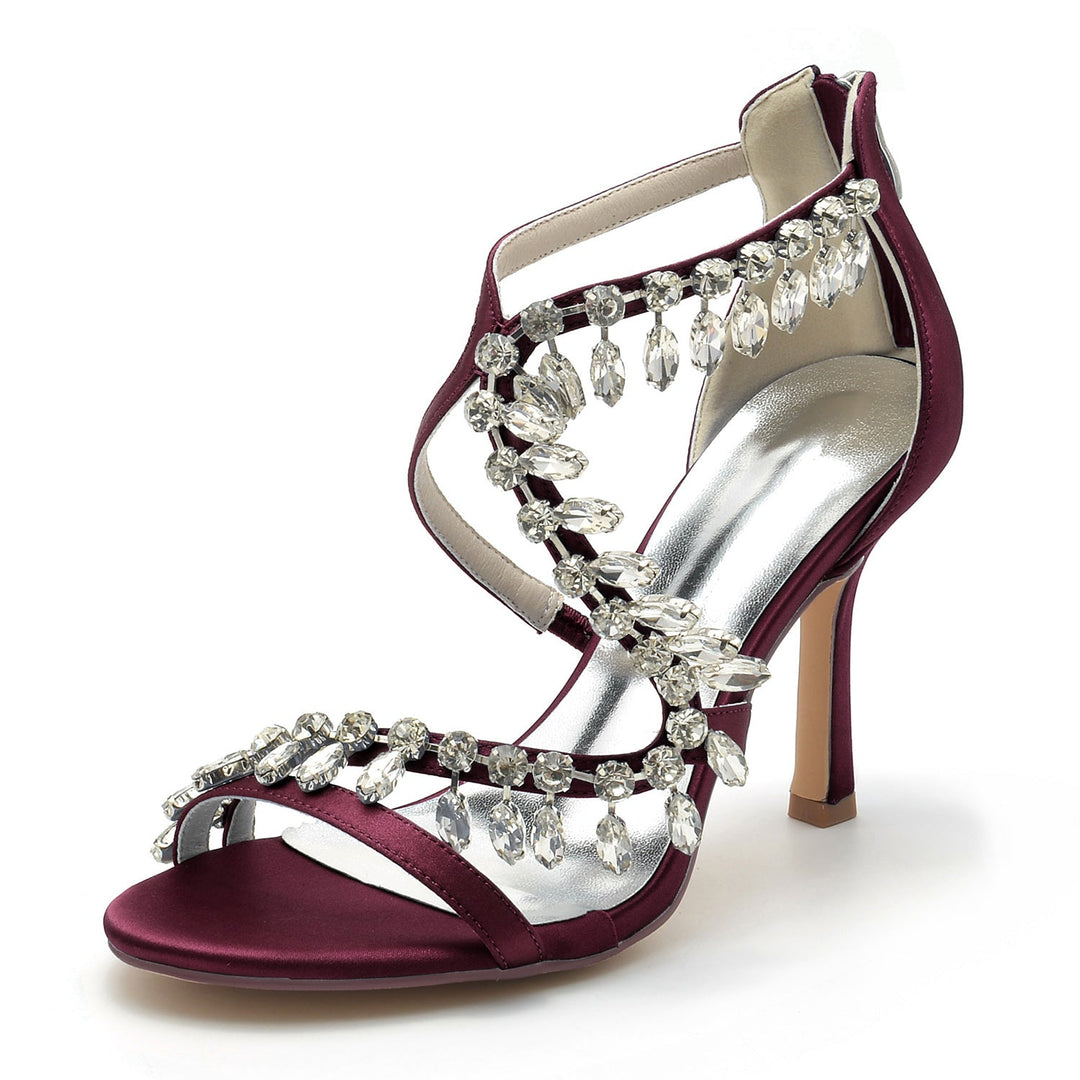 Chaussures de Mariage pour Femmes, Chaussures de Mariée à Talons Hauts et Bout Ouvert avec Strass Croisés